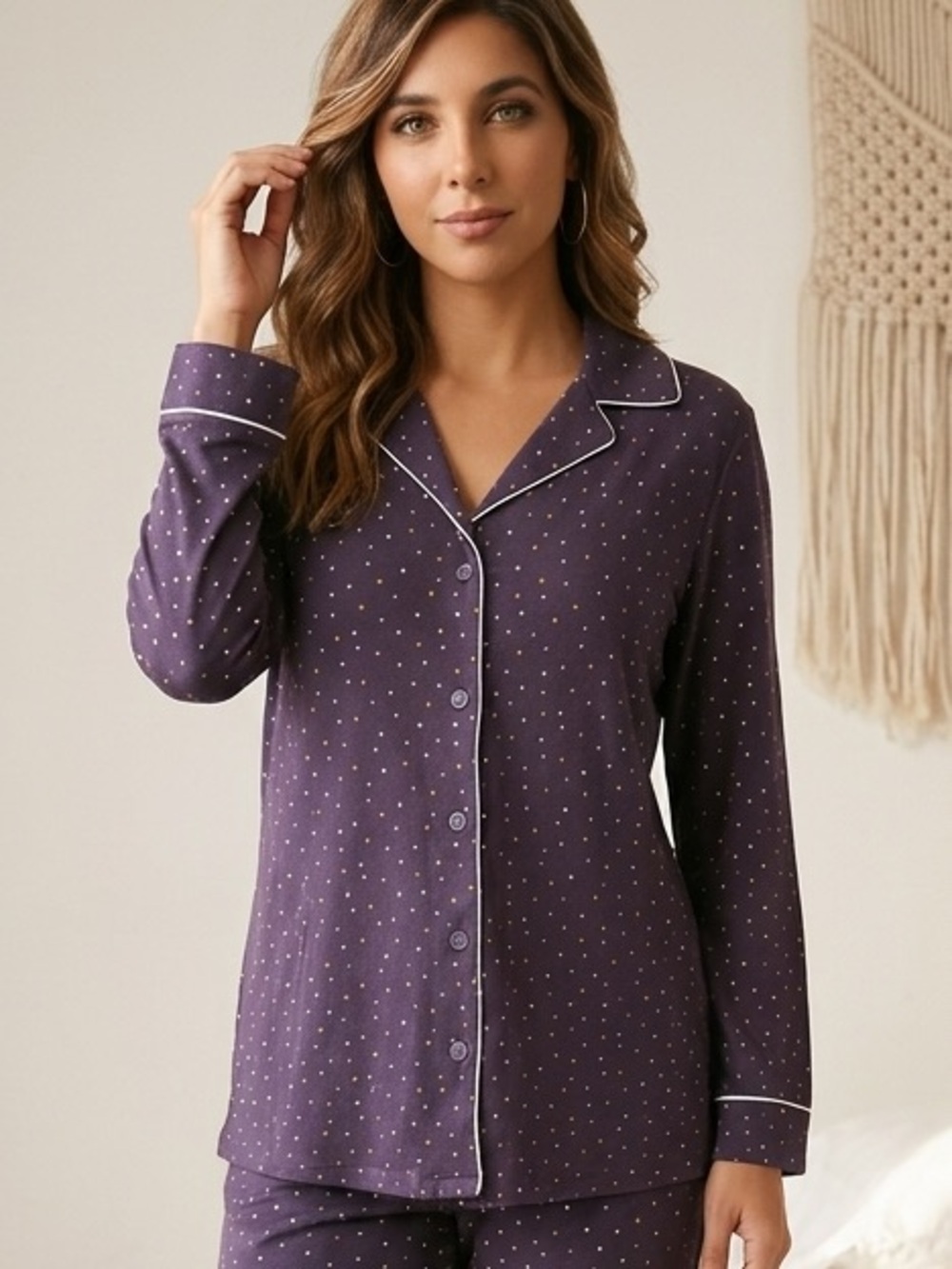 Soma Women’s Size Large Button Up Pajama Top Long Sleeve Purple Spotted Stretchy